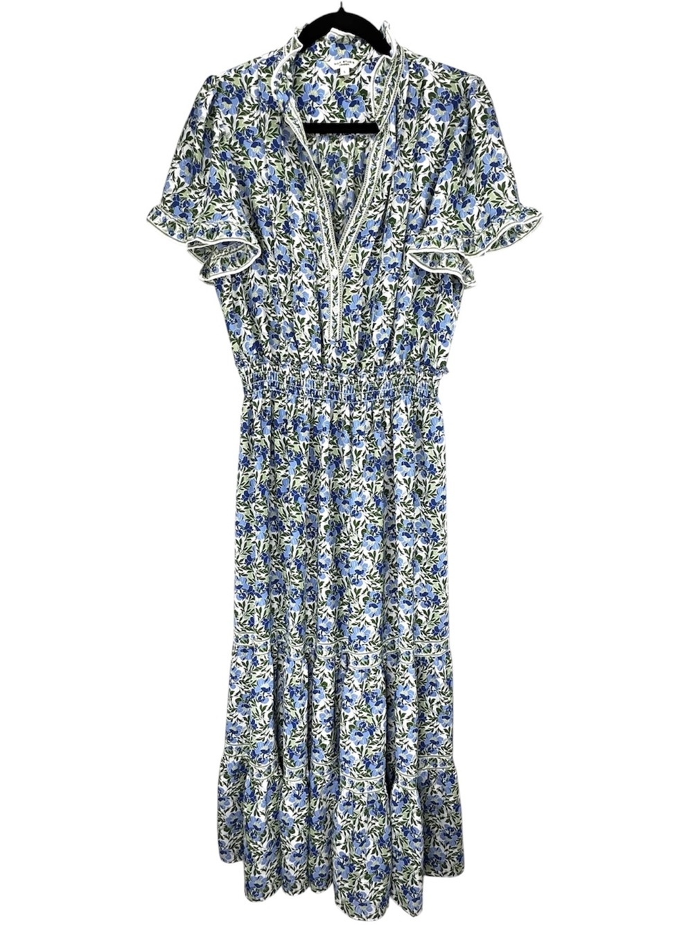 Max Studio Milkmaid Blue Floral Short-Sleeve Smocked & Tiered Maxi Dress